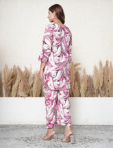 Dark Pink Leaf Print Khadi Cotton Co-ord Set with Mirror Work